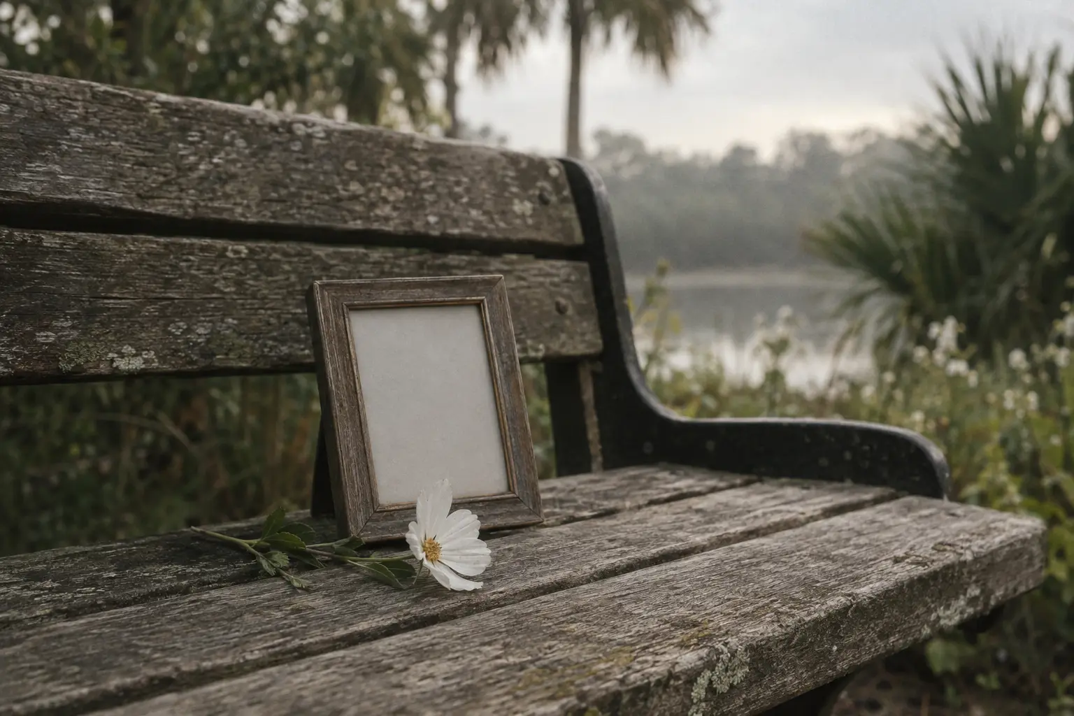 A white flower on a bench